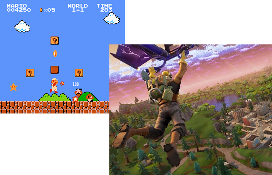 Image Super Mario Bros. (1950) and Fortnite (2018)